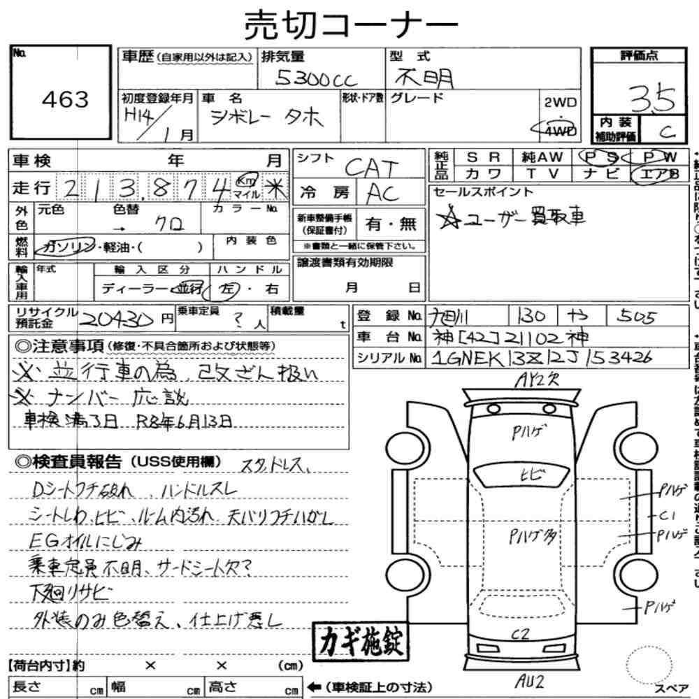 Arkusz aukcyjny — 2002 Chevrolet Tahoe 5D 4WD