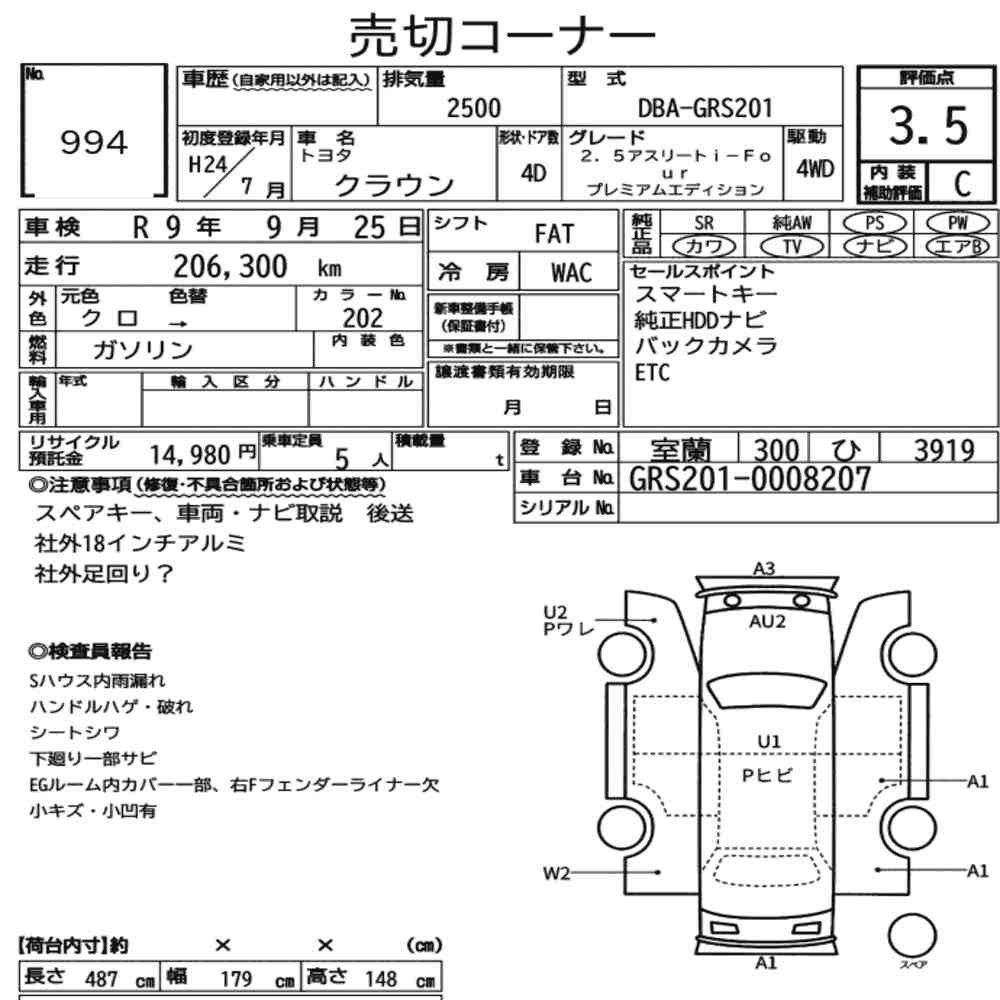 Arkusz aukcyjny — 2012 Toyota Crown 4D 4WD 2.5 Athlete I-Four Premium Edition