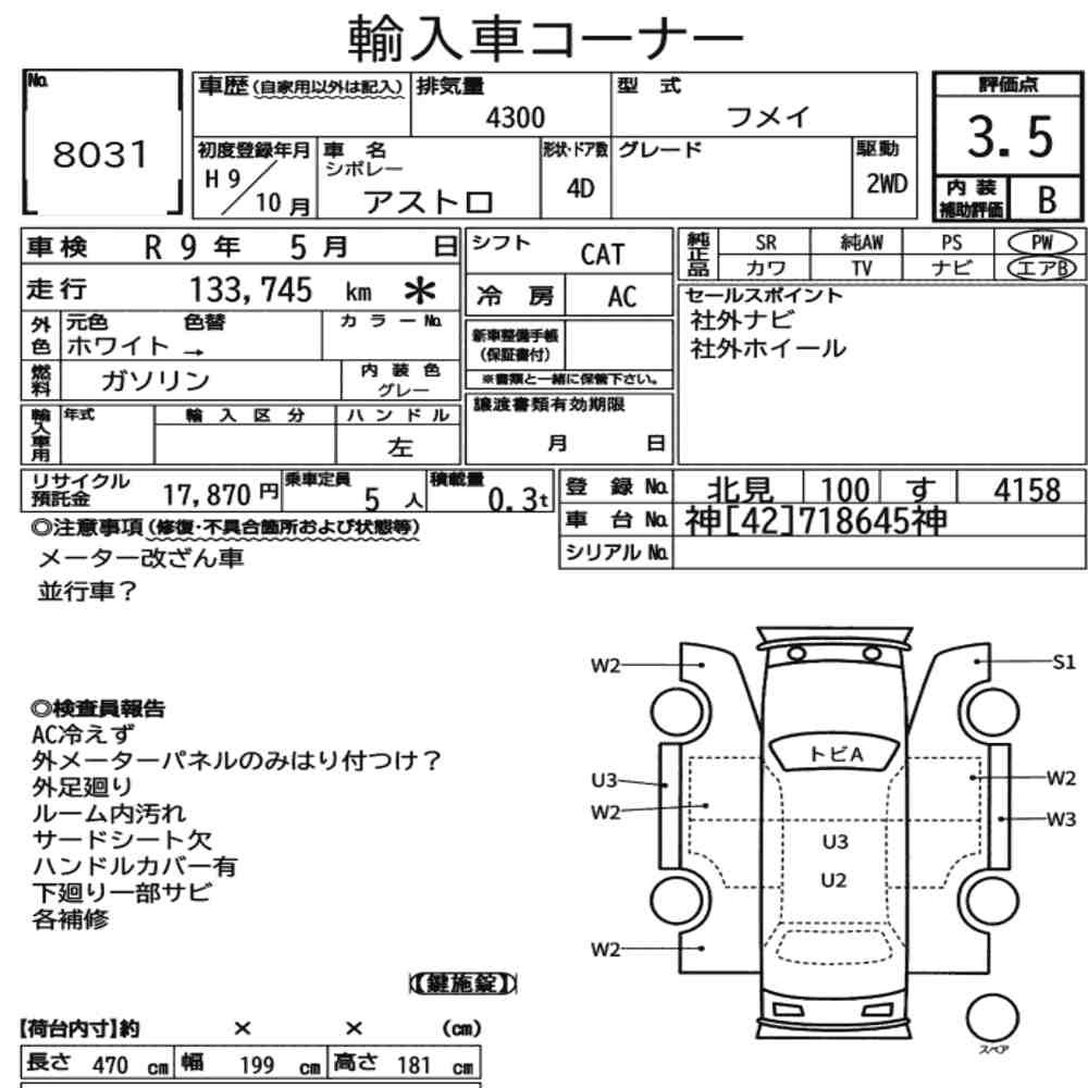 Arkusz aukcyjny — 1997 Chevrolet Astro