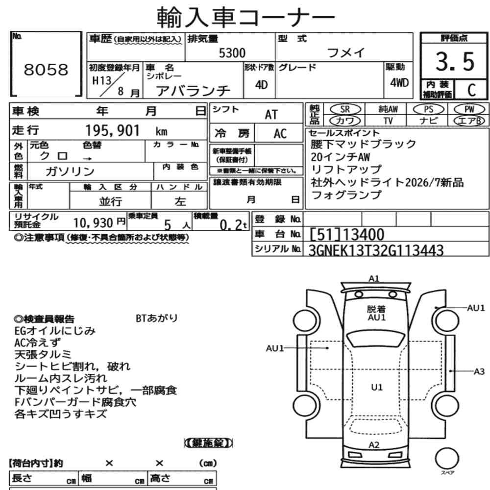 Arkusz aukcyjny — 2001 Chevrolet Avalanche 4D 4WD