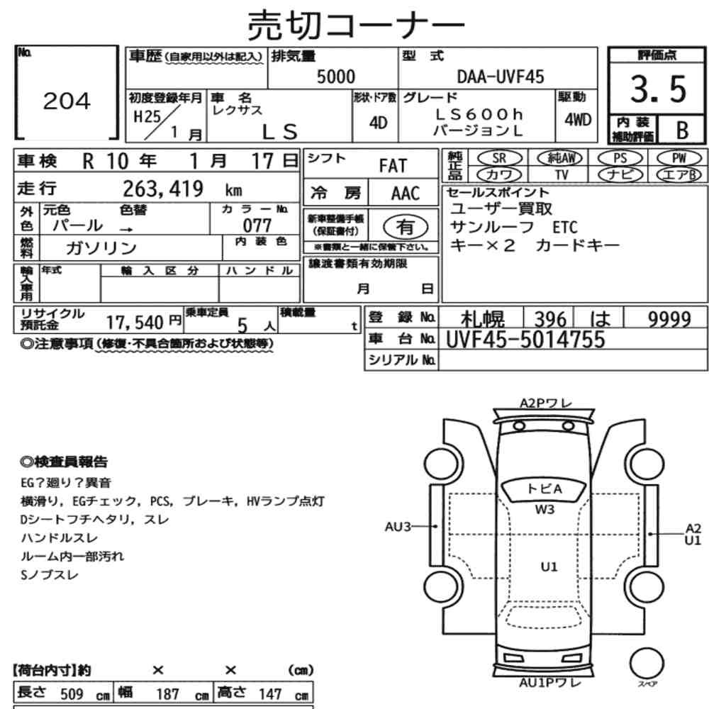 Arkusz aukcyjny — 2013 Lexus LS 4WD LS600H Version L
