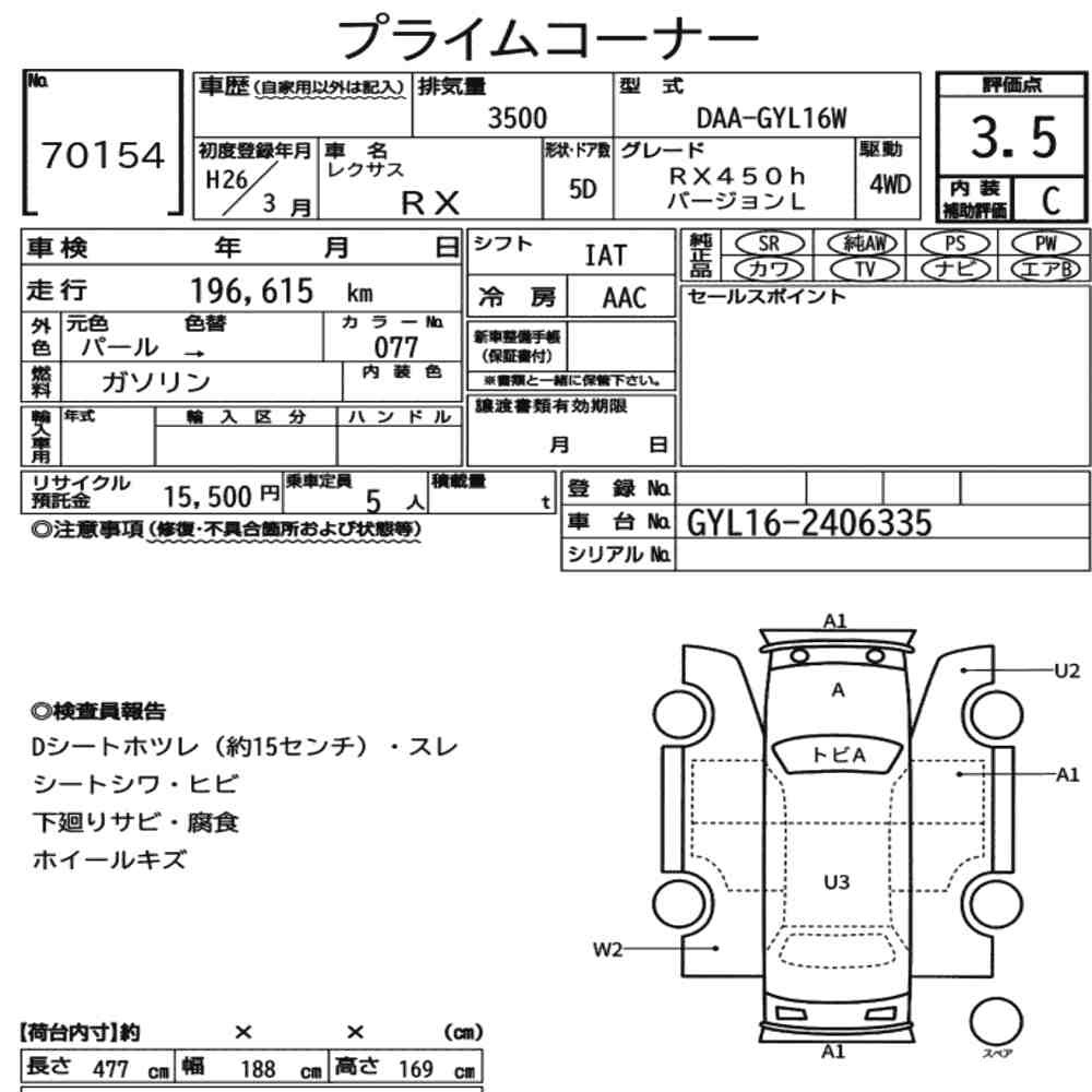 Arkusz aukcyjny — 2014 Lexus RX 4WD RX450H Version L