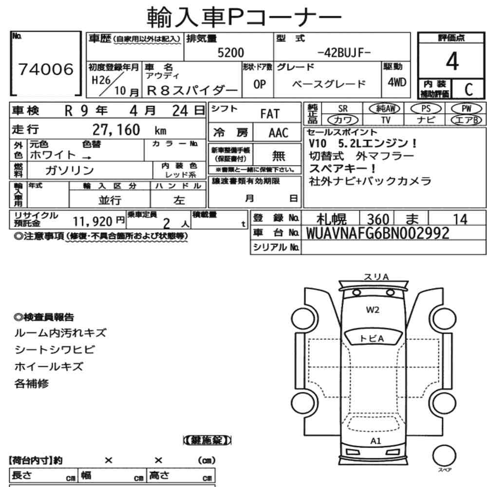 Arkusz aukcyjny — 2014 Audi R8 Spyder 4WD Base Grade