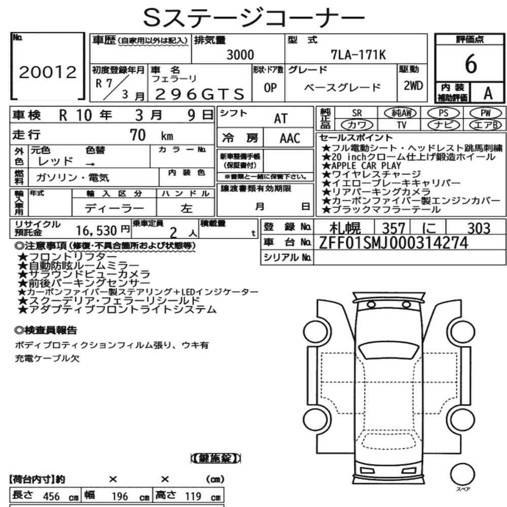 Arkusz aukcyjny — 2025 Ferrari 296GTS Base Grade