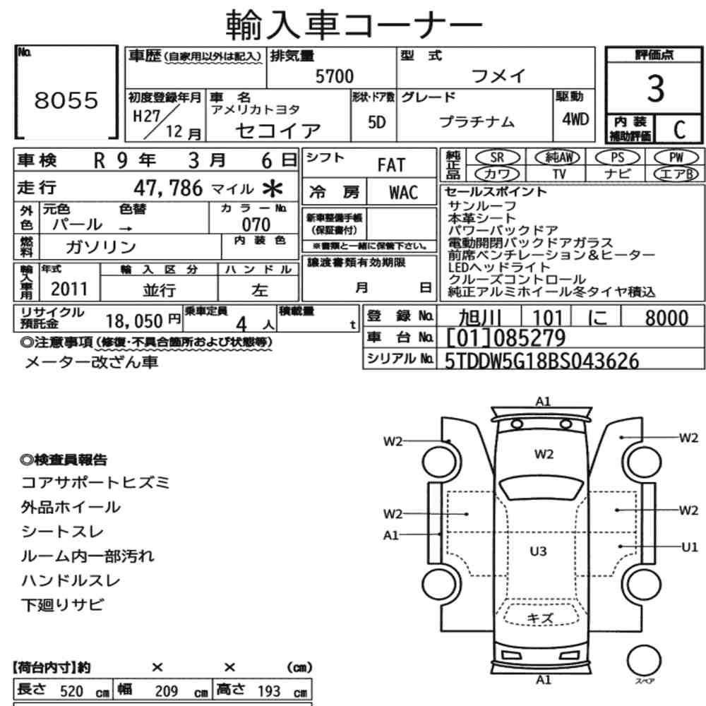 Arkusz aukcyjny — 2015 America Toyota Sequoia 5D 4WD Platinum