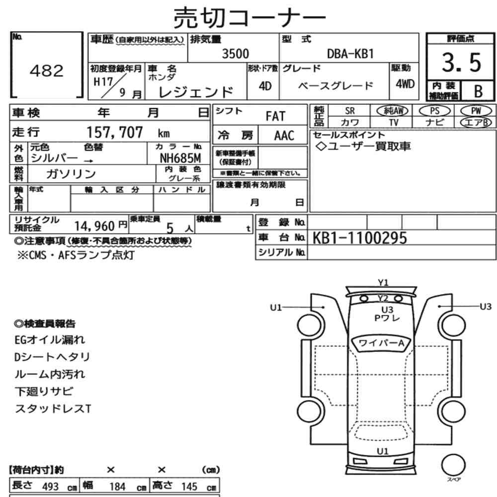 Arkusz aukcyjny — 2005 Honda Legend 4WD Base Grade
