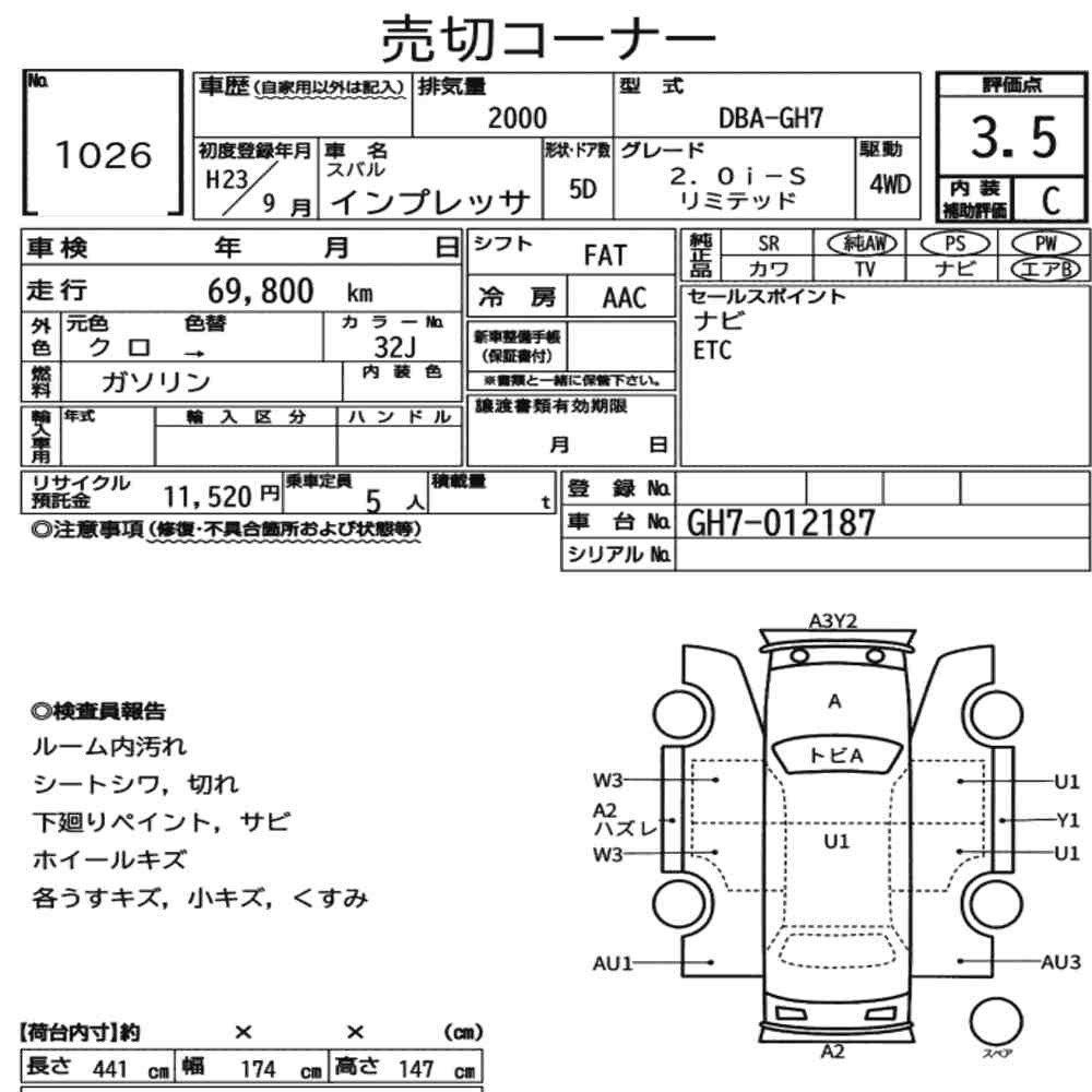 Arkusz aukcyjny — 2011 Subaru Impreza 5D 4WD 2.0I-S Limited