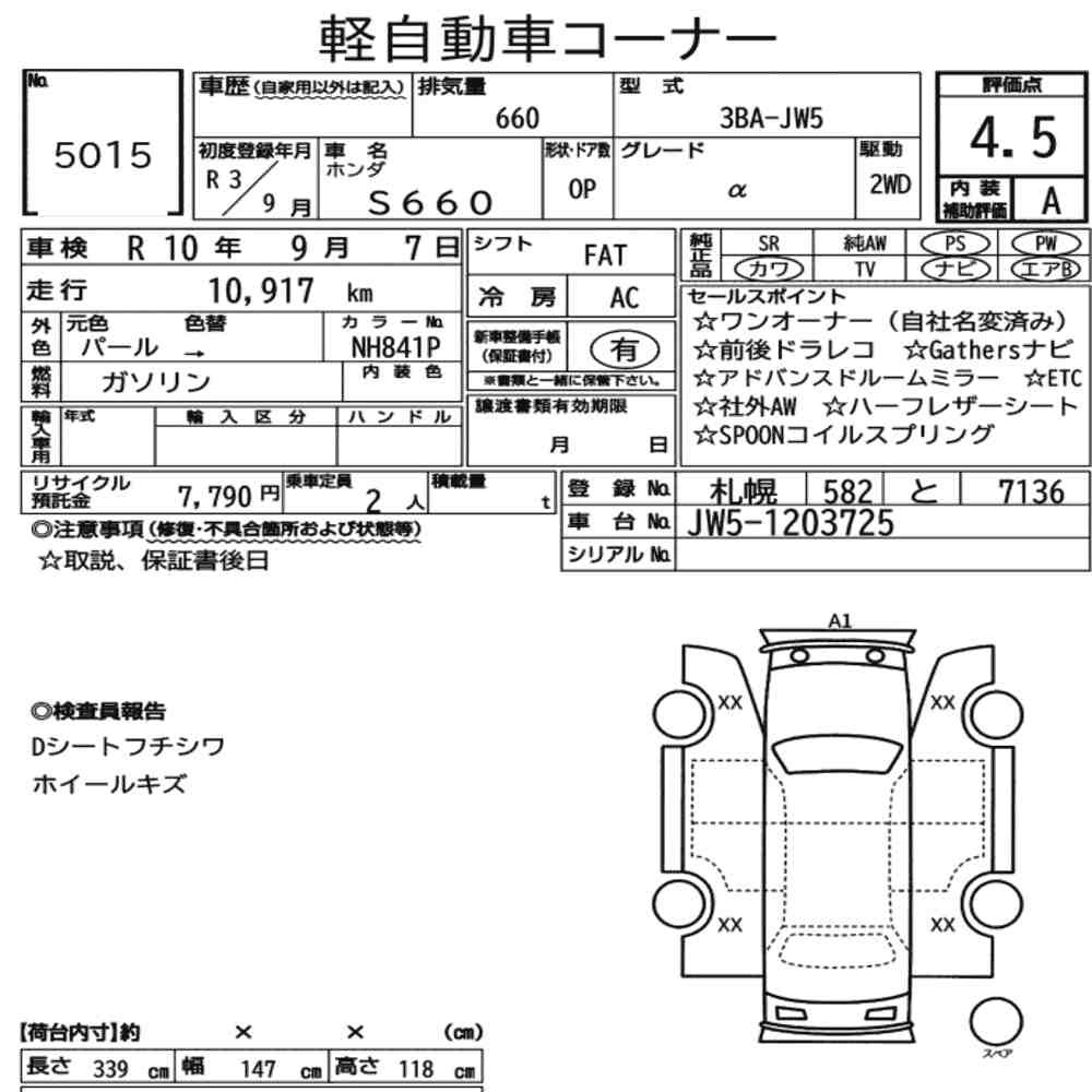 Arkusz aukcyjny — 2021 Honda S660 Α