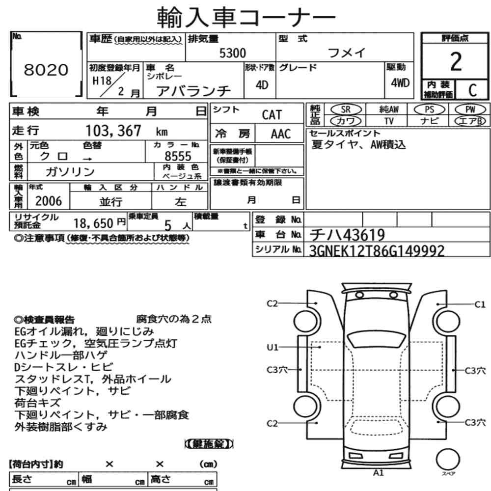 Arkusz aukcyjny — 2006 Chevrolet Avalanche 4D 4WD