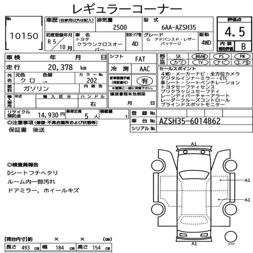Arkusz aukcyjny — 2023 Toyota Crown Crossover 4WD G Advanced・leather Package