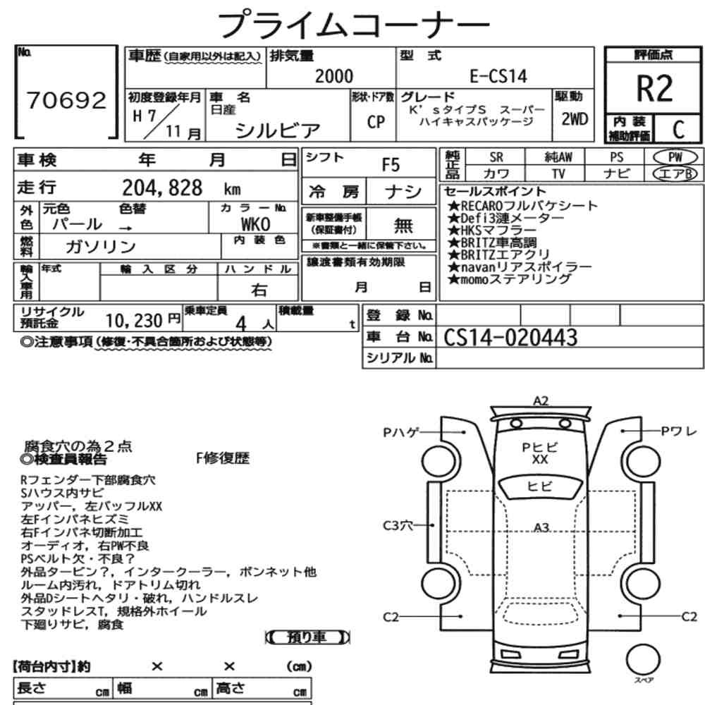 Arkusz aukcyjny — 1995 Nissan Silvia CP KS Type S Super Hicas Package