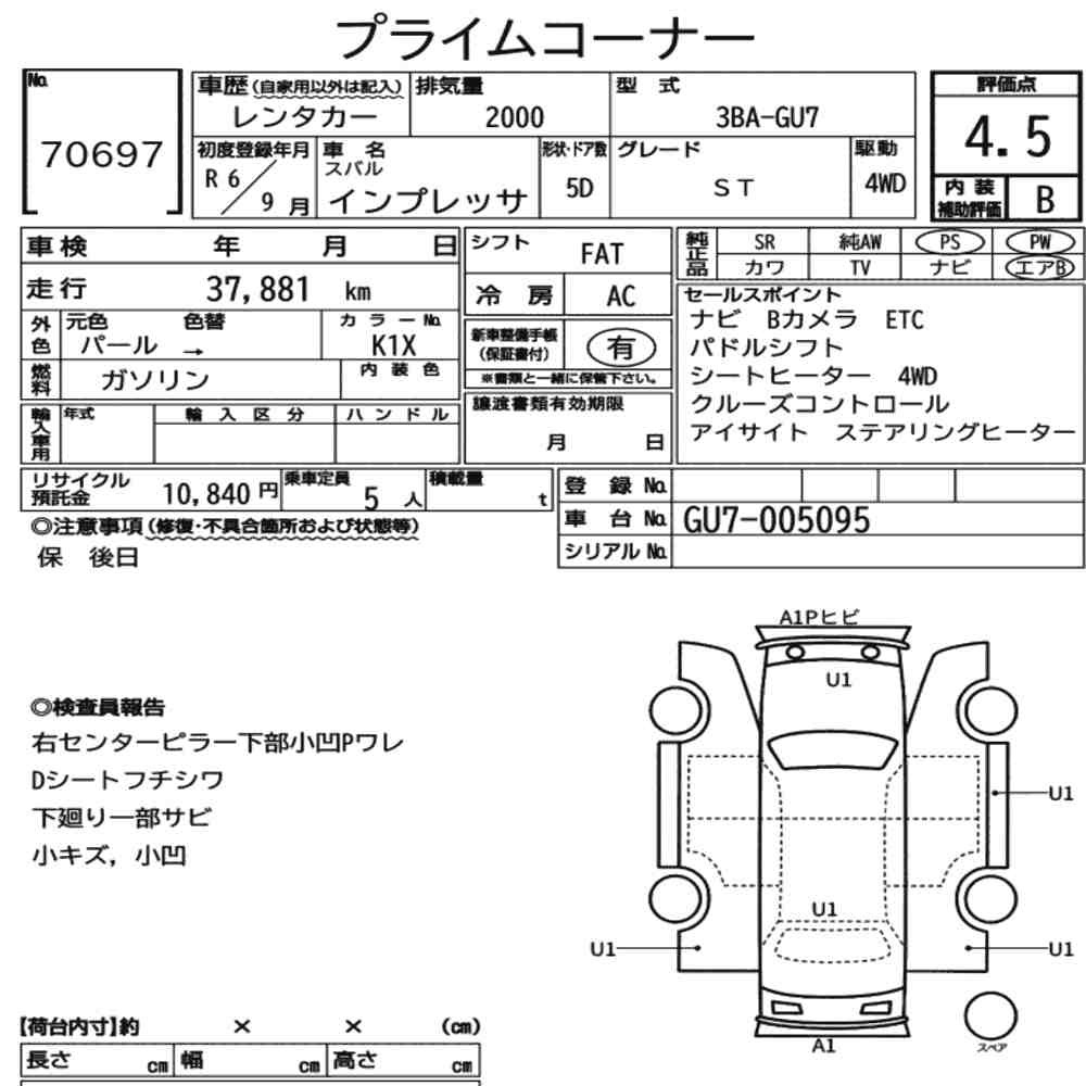 Arkusz aukcyjny — 2024 Subaru Impreza 5D 4WD ST