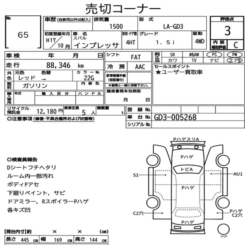 Arkusz aukcyjny — 2005 Subaru Impreza 4HT 4WD 1.5I