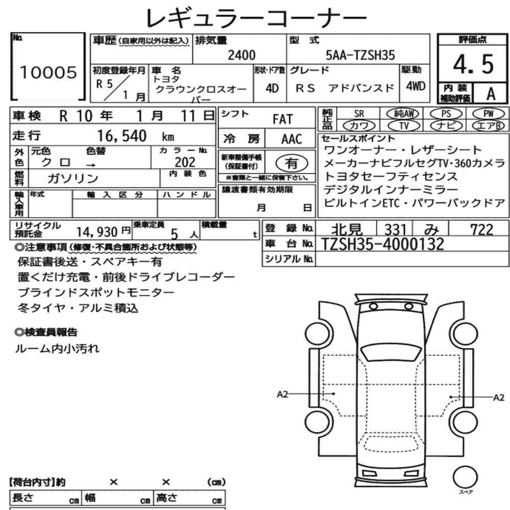 Arkusz aukcyjny — 2023 Toyota Crown Crossover 4WD RS Advanced