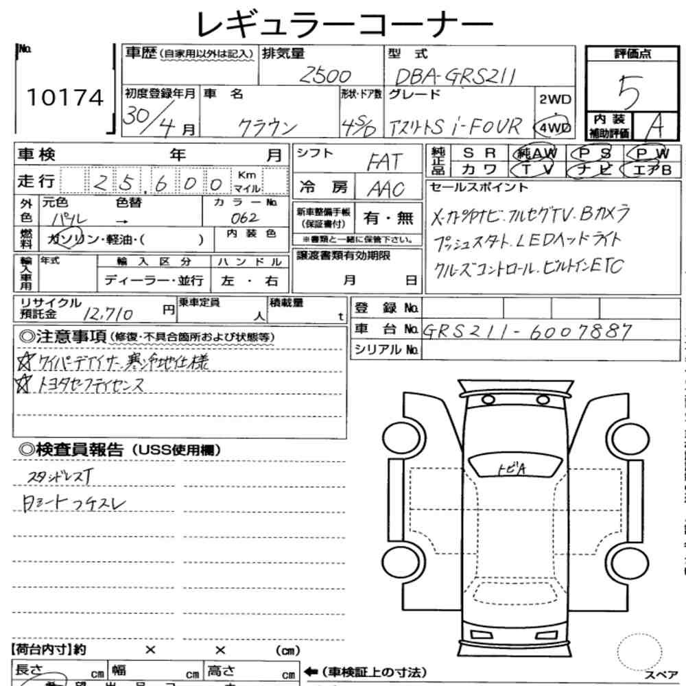Arkusz aukcyjny — 2018 Toyota Crown 4D 4WD Athlete S I-Four
