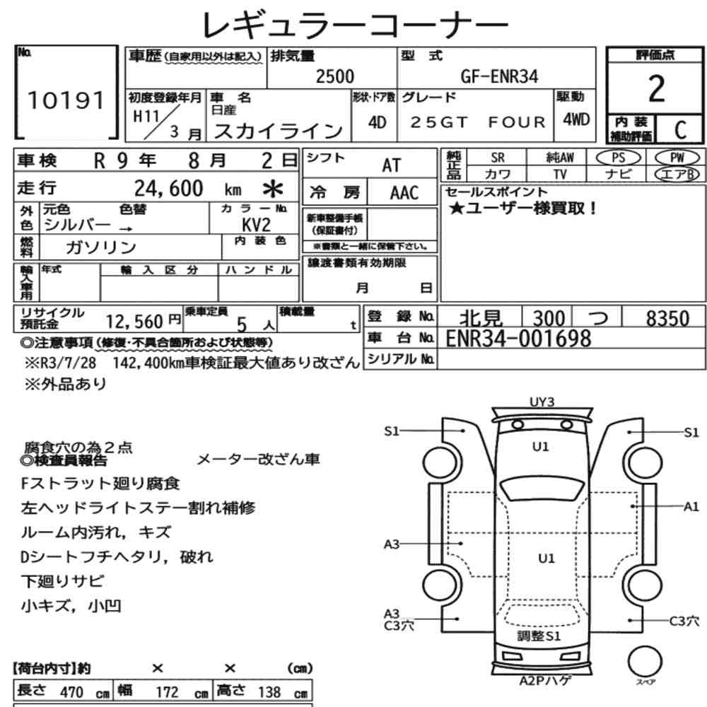 Arkusz aukcyjny — 1999 Nissan Skyline 4D 4WD 25GT Four