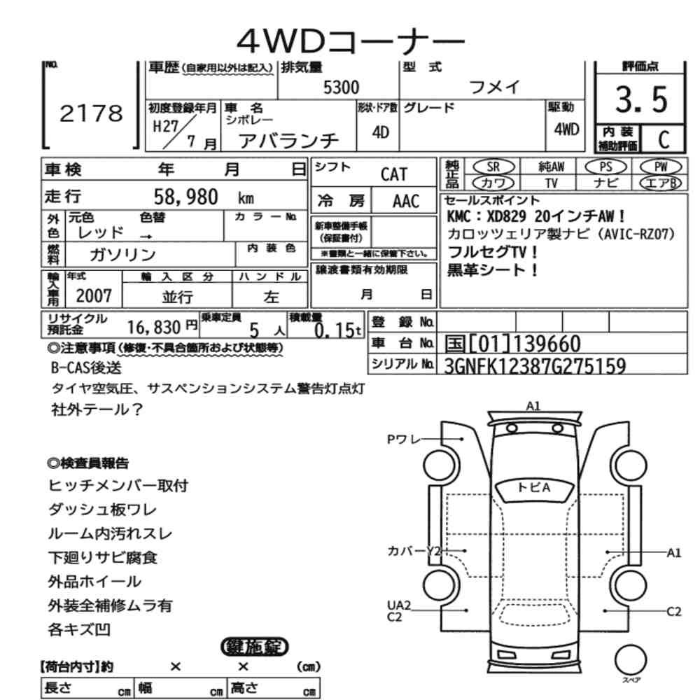 Arkusz aukcyjny — 2015 Chevrolet Avalanche 4D 4WD