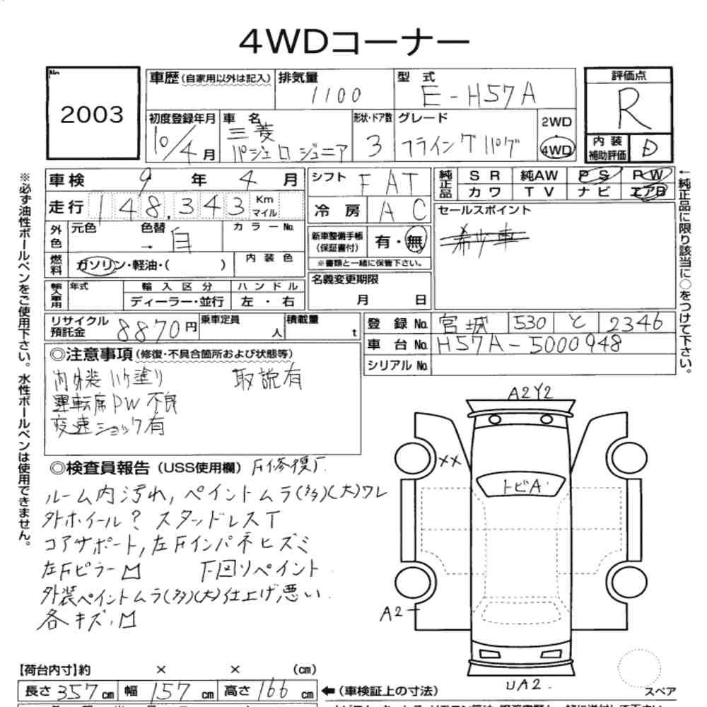 Arkusz aukcyjny — 1998 Mitsubishi Pajero JR 4WD Flying Pug