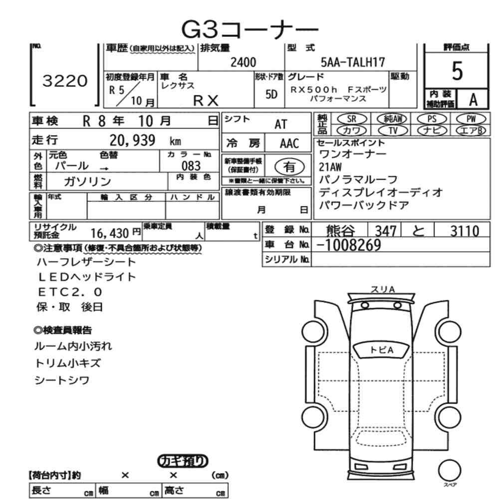 Arkusz aukcyjny — 2023 Lexus RX 4WD RX500H F Sport Performance
