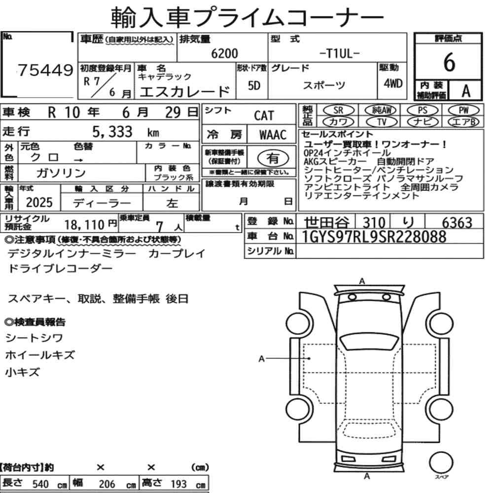 Arkusz aukcyjny — 2025 Cadillac Escalade 4WD Sport