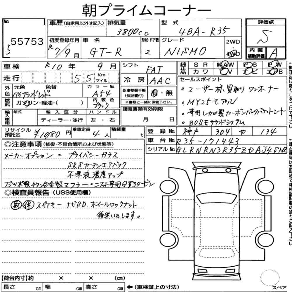 Arkusz aukcyjny — 2025 Nissan GT-R 4WD Nismo