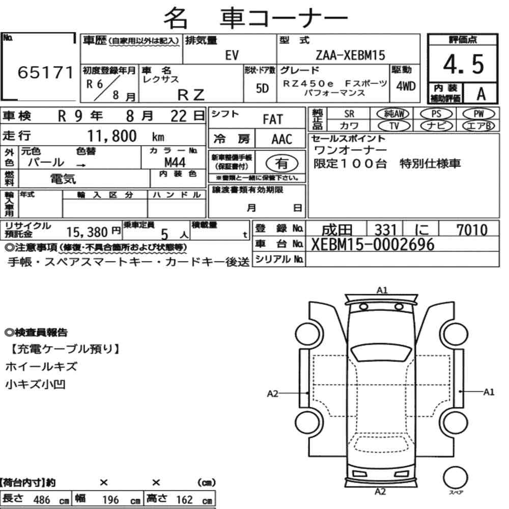 Arkusz aukcyjny — 2024 Lexus RZ 4WD RZ450E F Sport Performance