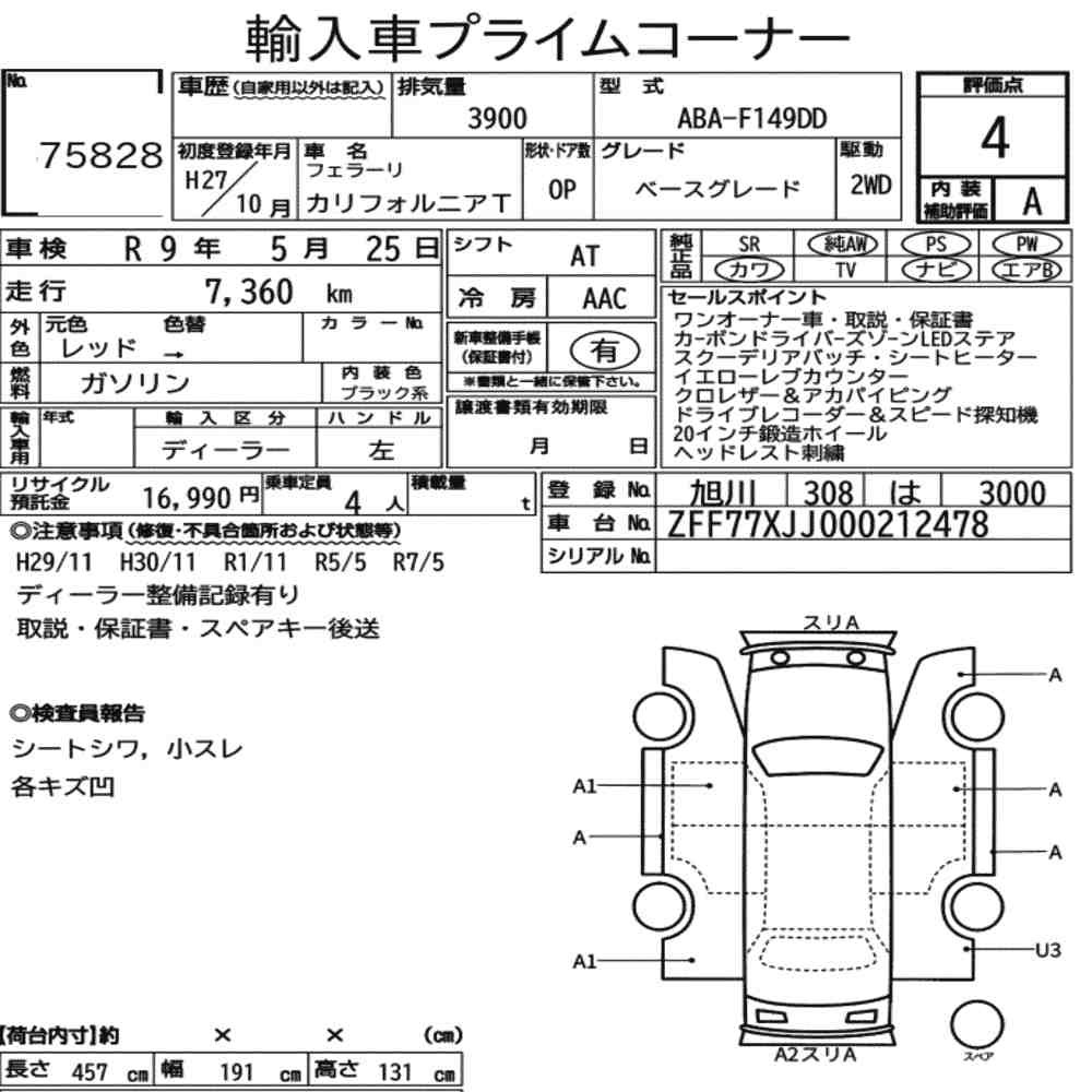 Arkusz aukcyjny — 2015 Ferrari California T Base Grade