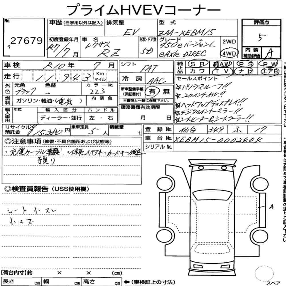 Arkusz aukcyjny — 2025 Lexus RZ 4WD RZ450E Version L