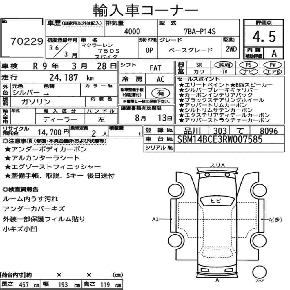 Arkusz aukcyjny — 2024 McLaren 750S Spider Base Grade