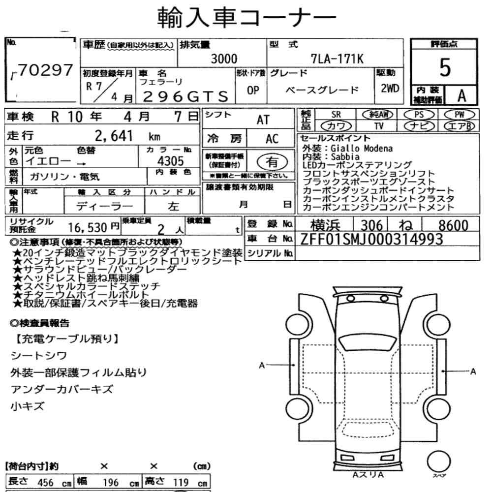Arkusz aukcyjny — 2025 Ferrari 296GTS Base Grade