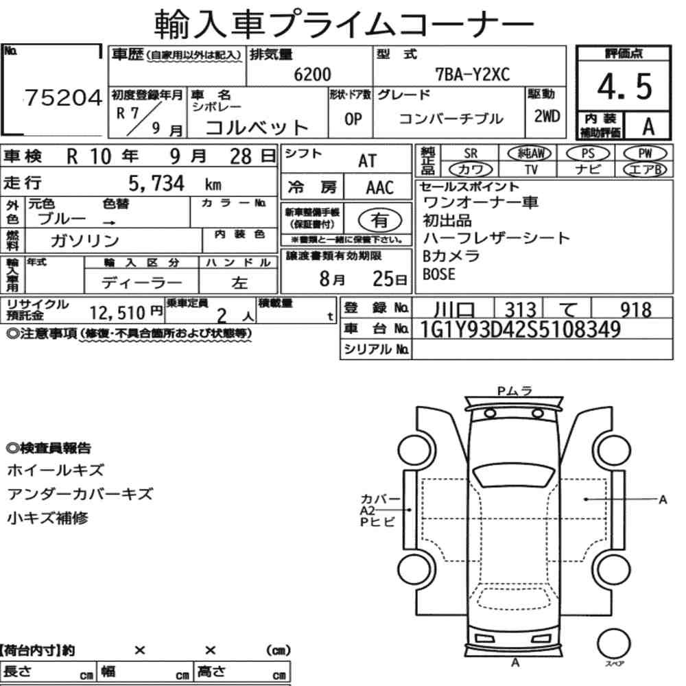 Arkusz aukcyjny — 2025 Chevrolet Corvette Op Convertible