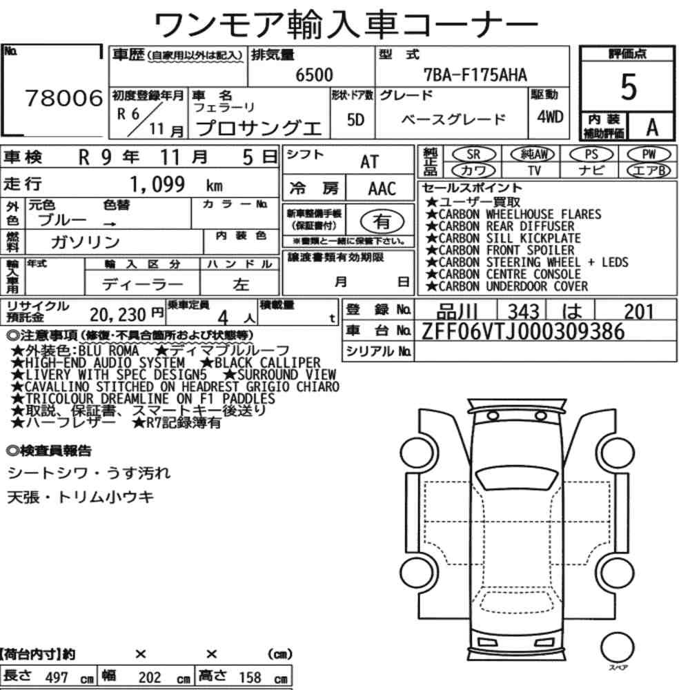 Arkusz aukcyjny — 2024 Ferrari Purosangue 4WD Base Grade