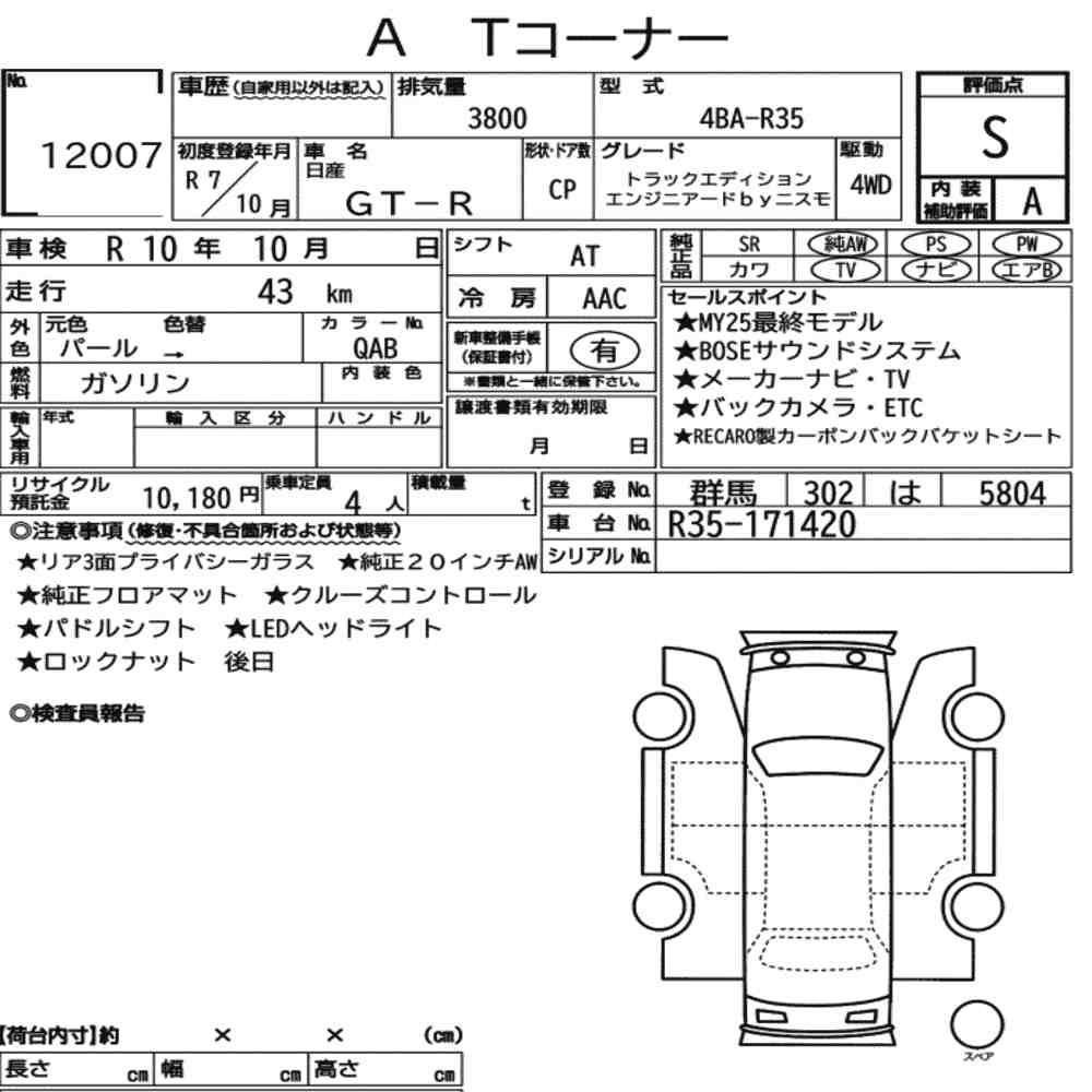 Arkusz aukcyjny — 2025 Nissan GT-R 4WD Track Edition Engineered BY Nismo