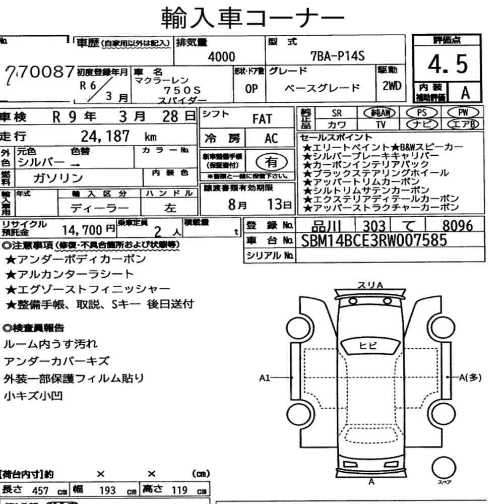 Arkusz aukcyjny — 2024 McLaren 750S Spider Base Grade