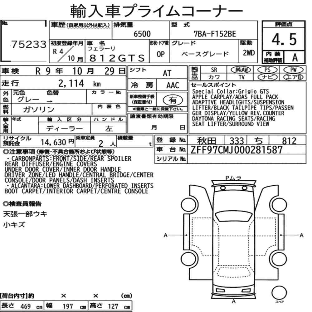 Arkusz aukcyjny — 2022 Ferrari 812 GTS Base Grade