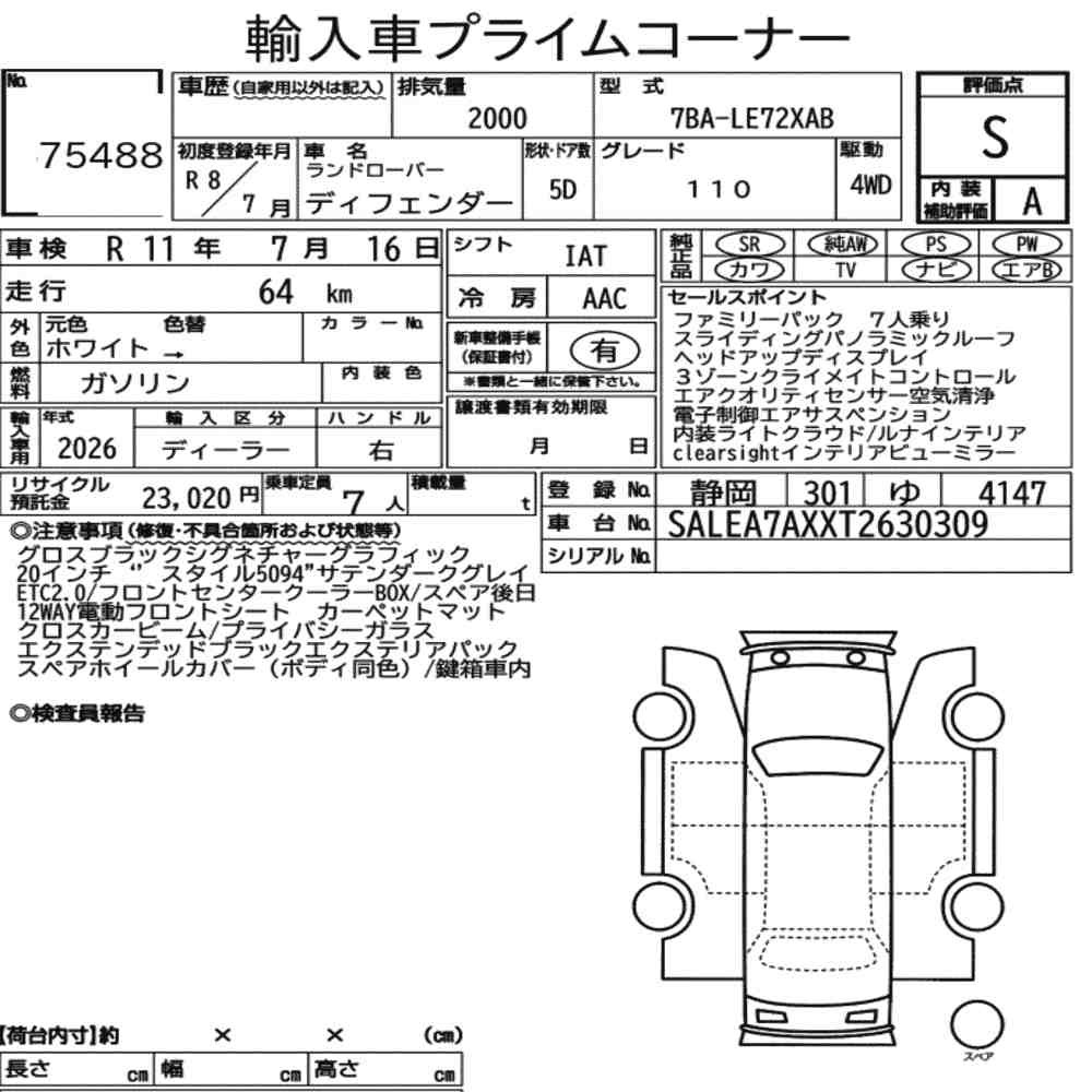 Arkusz aukcyjny — 2026 Land Rover Defender 5D 4WD 110