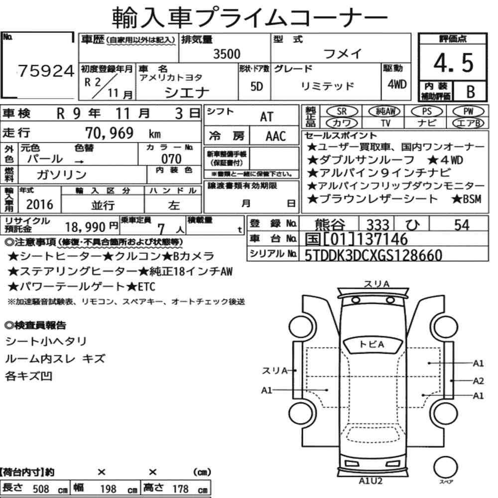Arkusz aukcyjny — 2020 America Toyota Sienna 4WD Limited