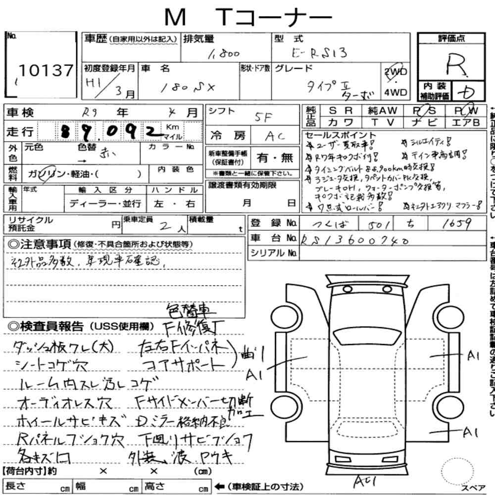 Arkusz aukcyjny — 1989 Nissan 180SX Type Ⅱ