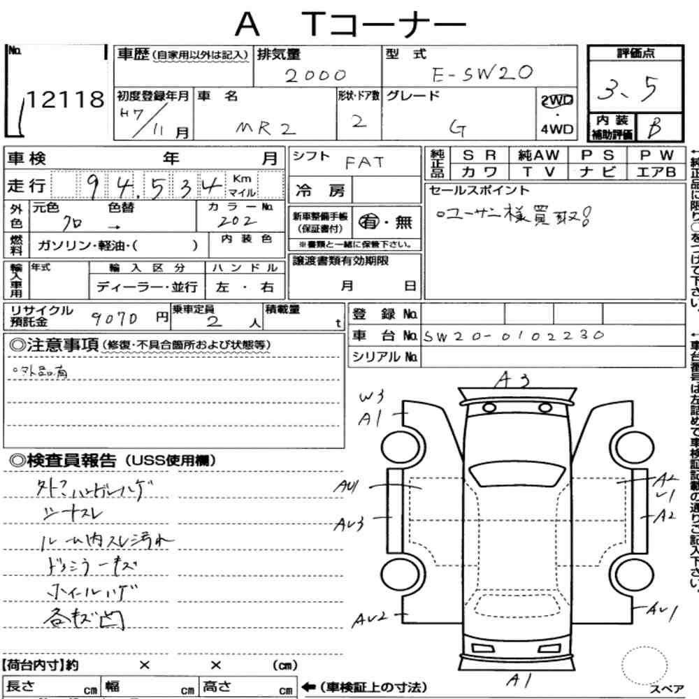 Arkusz aukcyjny — 1995 Toyota MR2 CP G