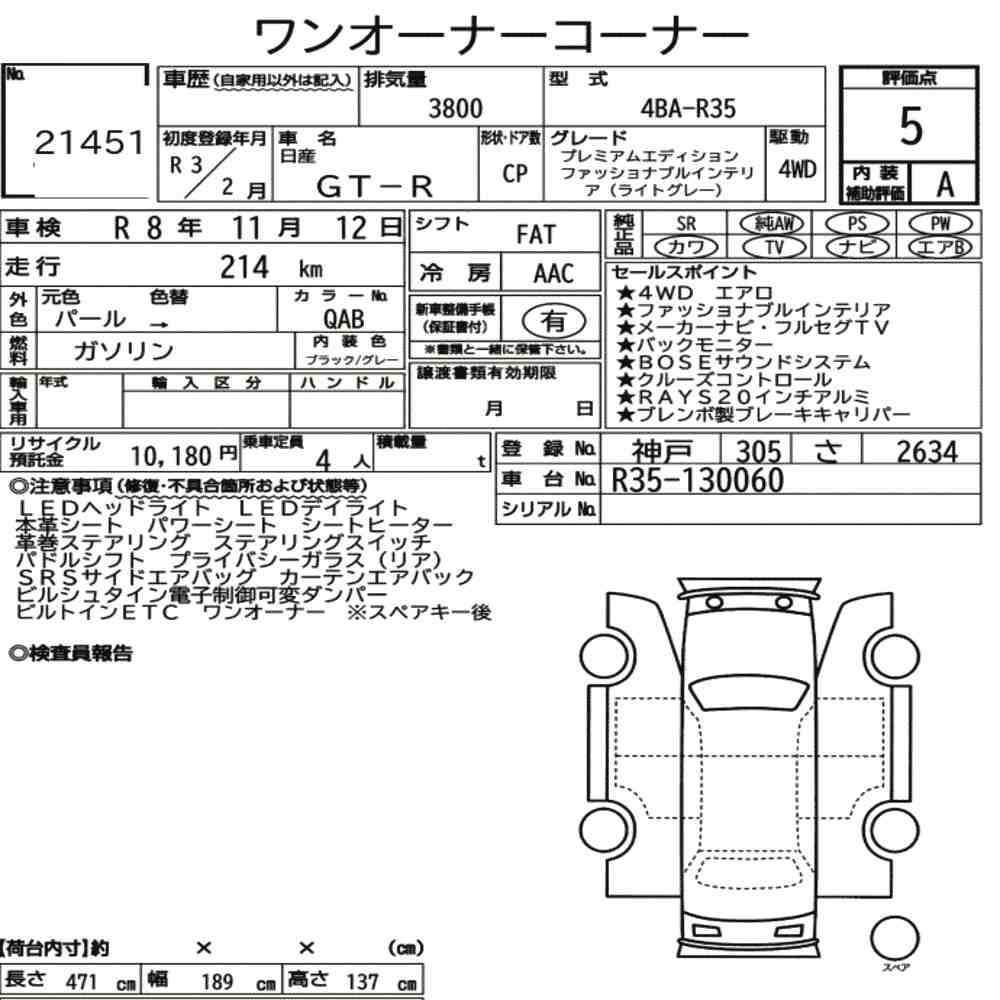 Arkusz aukcyjny — 2021 Nissan GT-R 4WD Premium Edition