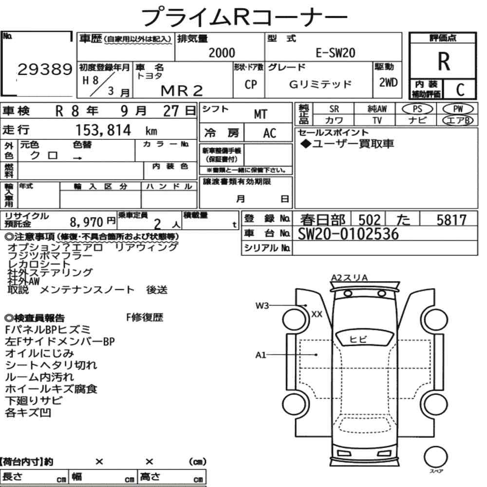 Arkusz aukcyjny — 1996 Toyota MR2 CP G Limited