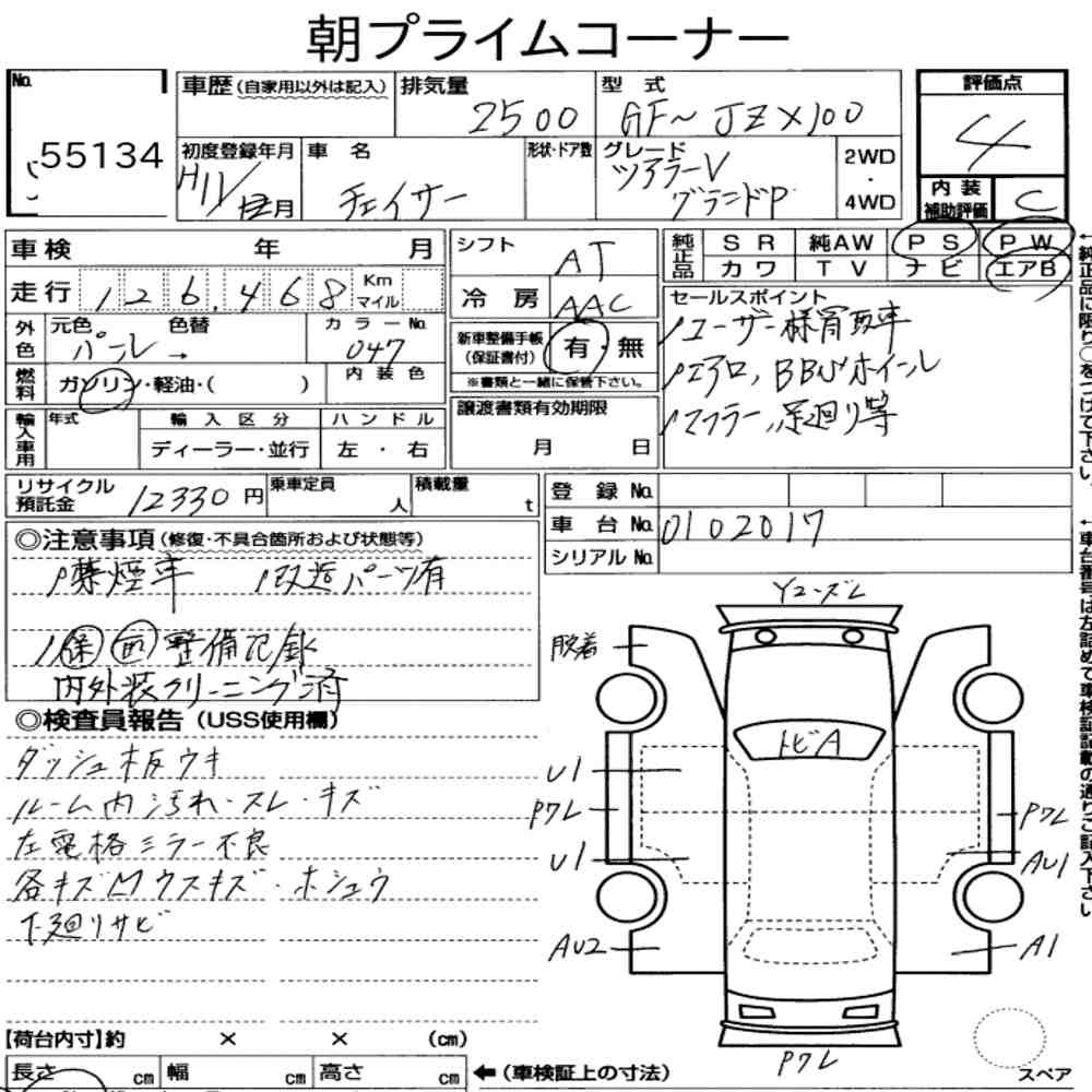 Arkusz aukcyjny — 1999 Toyota Chaser Tourer V Grand Package
