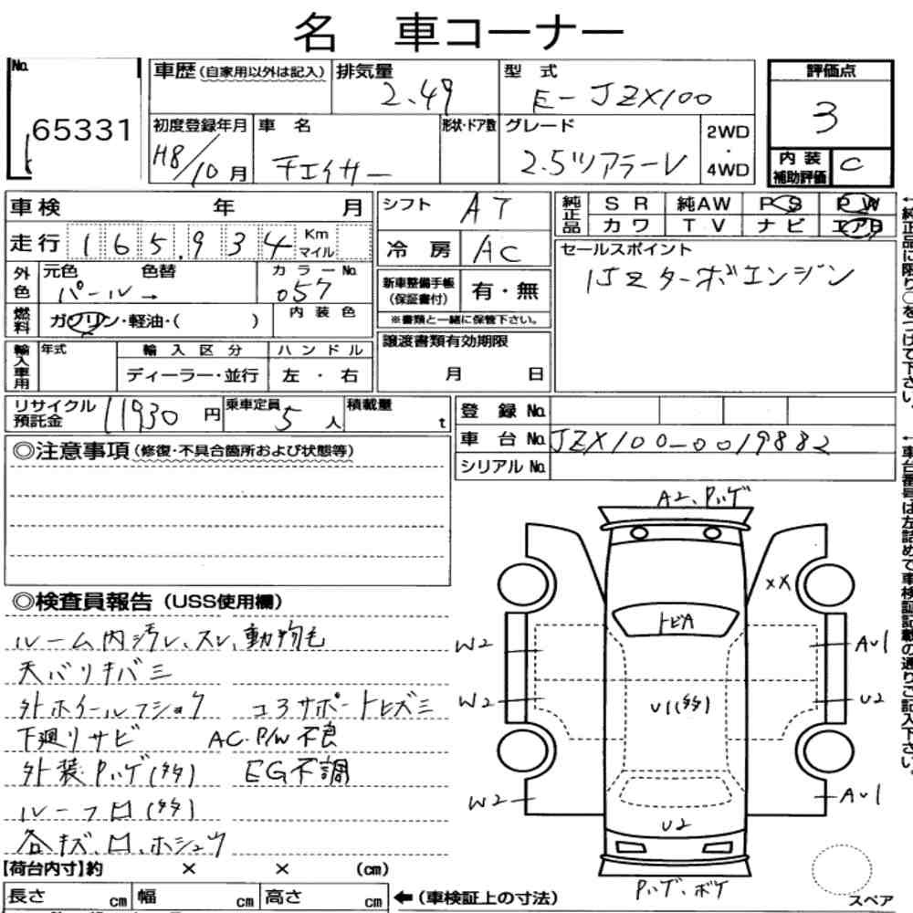 Arkusz aukcyjny — 1996 Toyota Chaser Tourer V