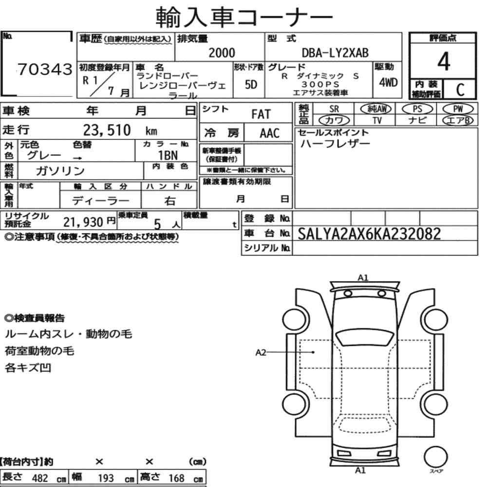 Arkusz aukcyjny — 2019 Land Rover Range Rover Velar 4WD R-Dynamic S 300PS Air Suspension Equippe