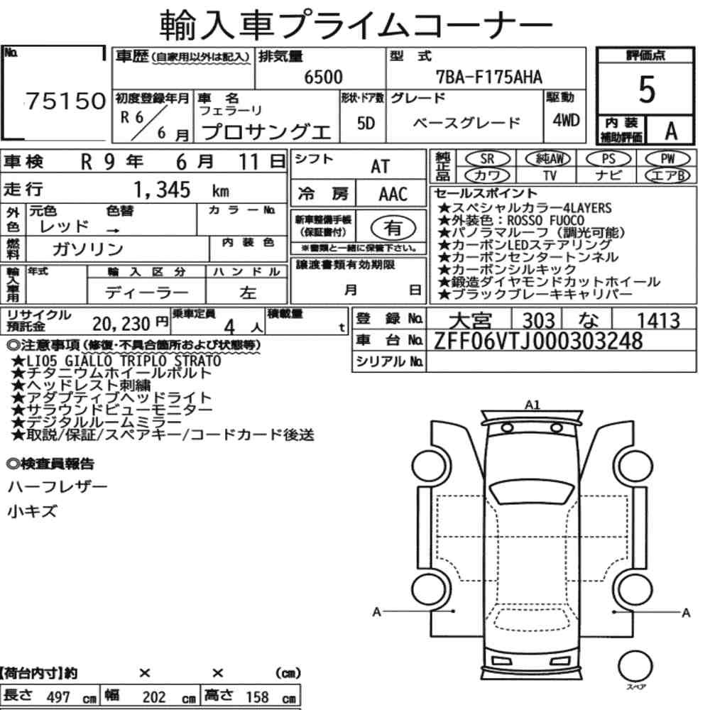 Arkusz aukcyjny — 2024 Ferrari Purosangue 4WD Base Grade