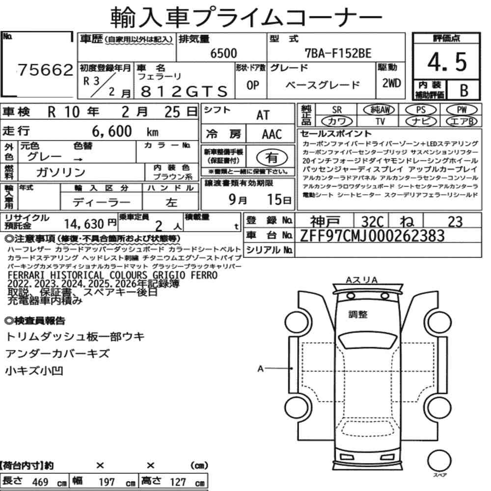 Arkusz aukcyjny — 2021 Ferrari 812 GTS Base Grade