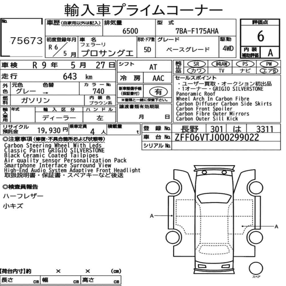 Arkusz aukcyjny — 2024 Ferrari Purosangue 4WD Base Grade