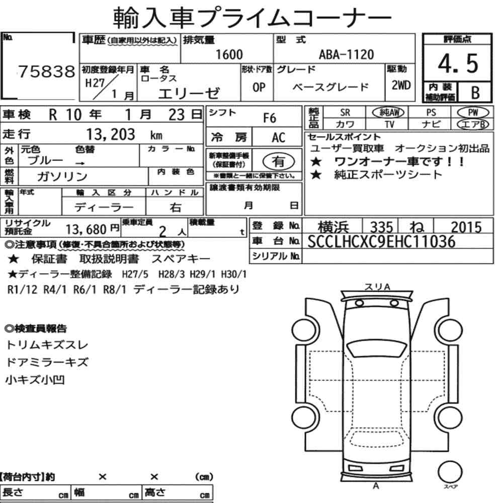 Arkusz aukcyjny — 2015 Lotus Elise Base Grade
