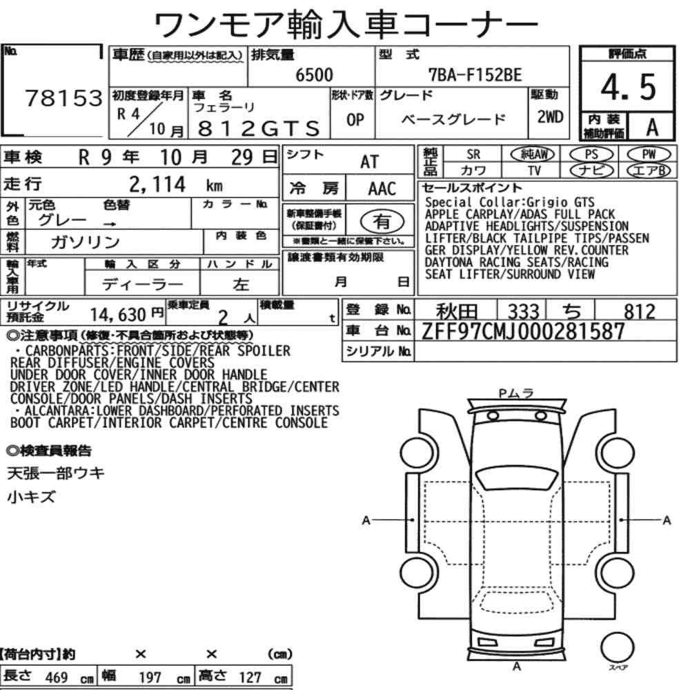 Arkusz aukcyjny — 2022 Ferrari 812 GTS Base Grade