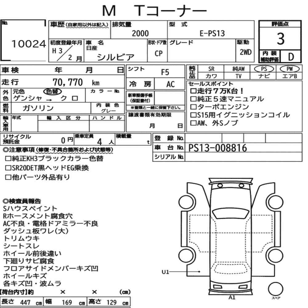 Arkusz aukcyjny — 1991 Nissan Silvia CP